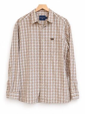 Nautica Jeans Company Mens L Tan Plaid Button Up Shirt 100% Cotton Preppy